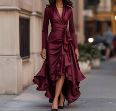Woman in a burgundy dress walking on a city street