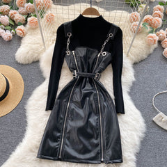 Chic Leather Skirt Knitted Set-