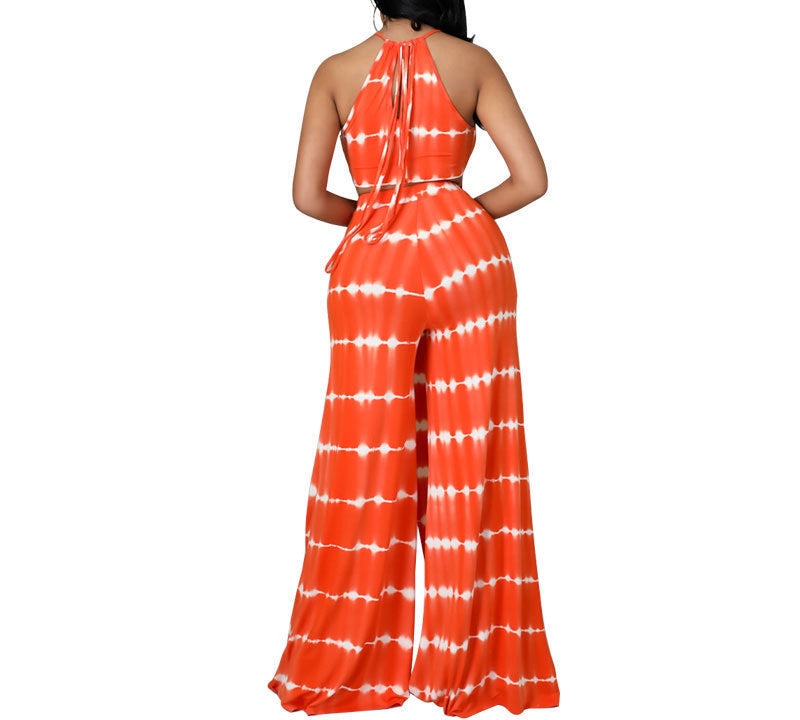 Orange and white tie-dye jumpsuit on a white background