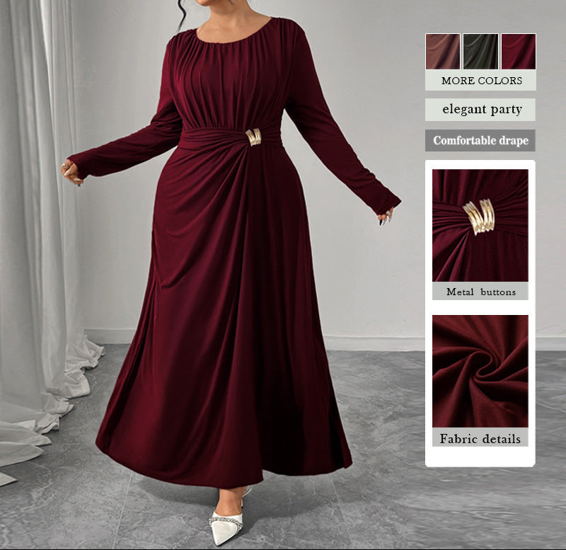 Burgundy long-sleeve dress with fabric details and color swatches on a gray background