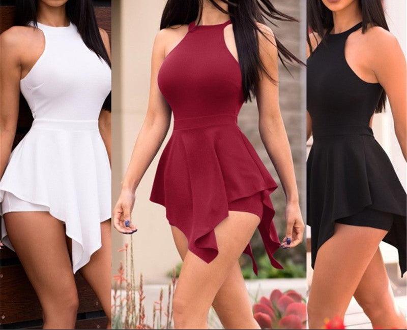Three women wearing sleeveless playsuits in different colors (white, black, and red) with a halter neck and wide leg design, posing outdoors.