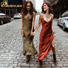 Sexy Satin V Neck Maxi Dress