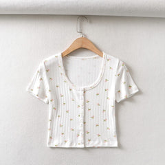 Floral O-Neck Single-breasted Button Short T-Shirt Crop Top