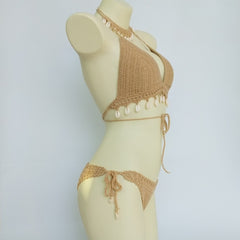Woman Crochet Tassel Seashell Hollow-out Bikini Set