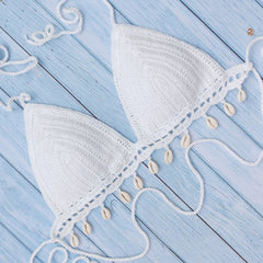 Women's Bikini Top Handmade Crochet Shell Tassel Swimsuit
