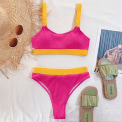 Chic High Waist Ribbed Splicing Two-pieces Bikini Set