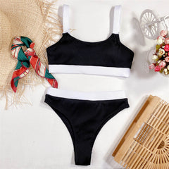Chic High Waist Ribbed Splicing Two-pieces Bikini Set