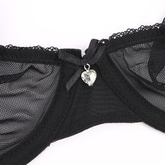Lace Unlined Transparent Three Quarters Yarn Thong Bra Set