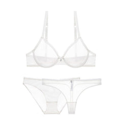 Mesh Lace Transparent Unlined 3-Piece Bra Panties Thong Set