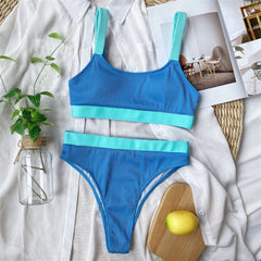 Chic High Waist Ribbed Splicing Two-pieces Bikini Set
