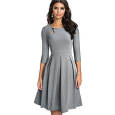 Vintage Solid Color A-Line Flared Swing Dress with Button