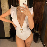 Women Ruffled Deep V Swimsuit With Belt Monokini Swimwear