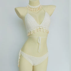 Woman Crochet Tassel Seashell Hollow-out Bikini Set