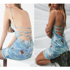 Sleeveless Casual Spaghetti Strap Mini Dress 2019 Summer Women Angel Print Slash Neck Bandage Dress Elegant Short Party Dress