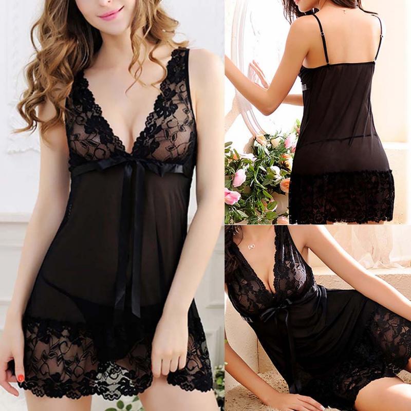 Women Sexy Nightwear Plus Size M-XXL Lace Nightgown Sleepwear Dress G-String Sexy Lingerie Robe (FITS SMALLER THAN USUAL)