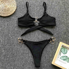 Women's Chic Metal Rings 2-Pieces Brazilian Thong Bikini