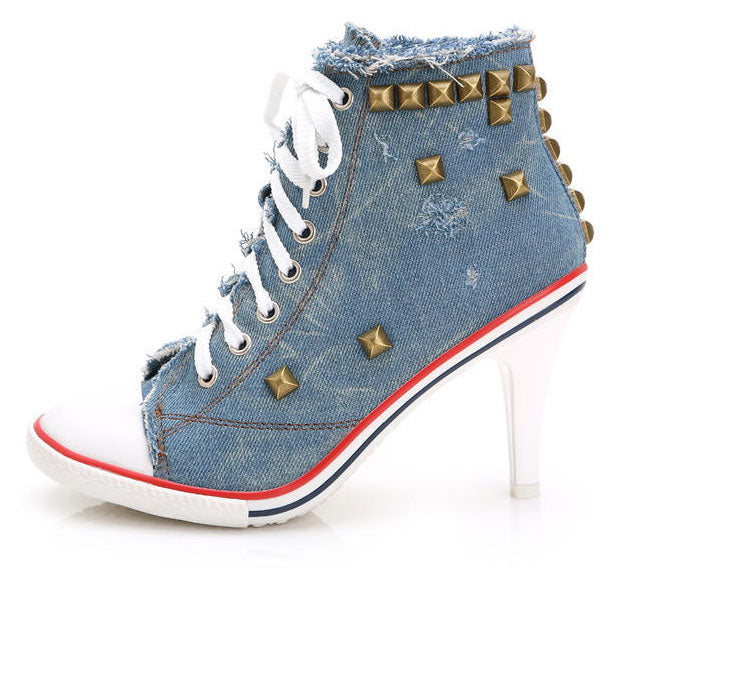Women High Heels Rivets Canvas