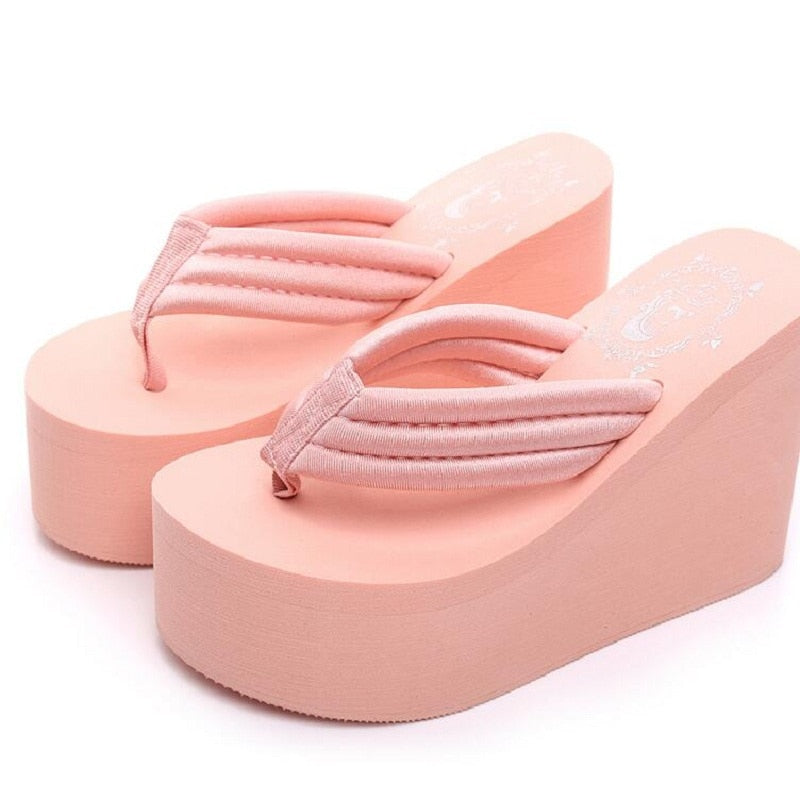 Dropshipping Women Fashion Summer Chunky Sole Wedges Heels Flip Flops Casual Shoes New Waterproof Slippers Sexy Lady Sandals
