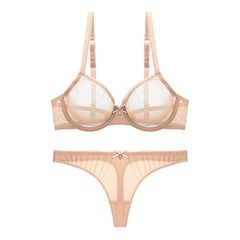 Lace Unlined Transparent Three Quarters Yarn Thong Bra Set