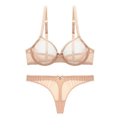 Lace Unlined Transparent Three Quarters Yarn Thong Bra Set