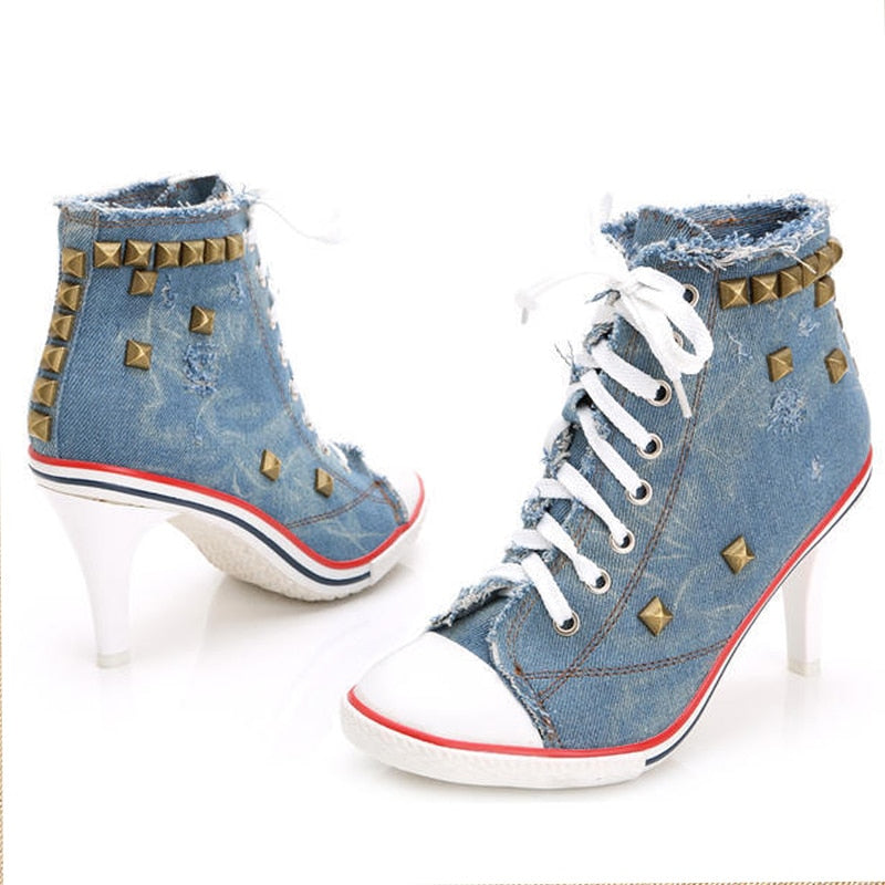 Women High Heels Rivets Canvas