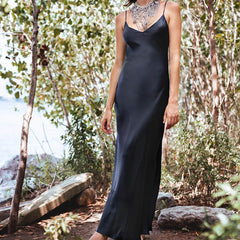 Chic Satin V Neck Maxi Dress