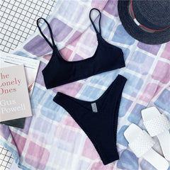 Women's Chic Mid Waist 2-Pieces Ribbed Padded Bikini Set