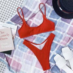 Women's Chic Mid Waist 2-Pieces Ribbed Padded Bikini Set