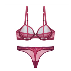 Lace Unlined Transparent Three Quarters Yarn Thong Bra Set