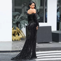 Chic Off Shoulder Feather Long Sleeve party Dress