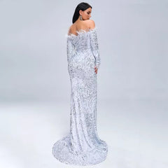 Chic Off Shoulder Feather Long Sleeve party Dress