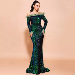 Chic Off Shoulder Feather Long Sleeve party Dress
