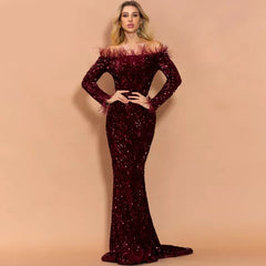 Chic Off Shoulder Feather Long Sleeve party Dress