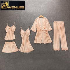 Women Pajamas 5 Pieces Satin Sleepwear