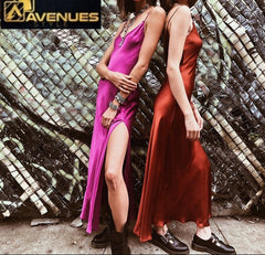 Chic Satin V Neck Maxi Dress
