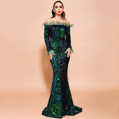 Chic Off Shoulder Feather Long Sleeve party Dress