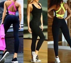 The image showcases a women's sport running tight dance tracksuit in black color with a high-waist design. The tracksuit features a unique backless design with crossover straps and an open crotch, complemented with a halter neckline.