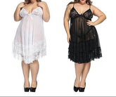 Plus-size model wearing white and black lace lingerie sets, including a bralette and shorts, with a G-string.