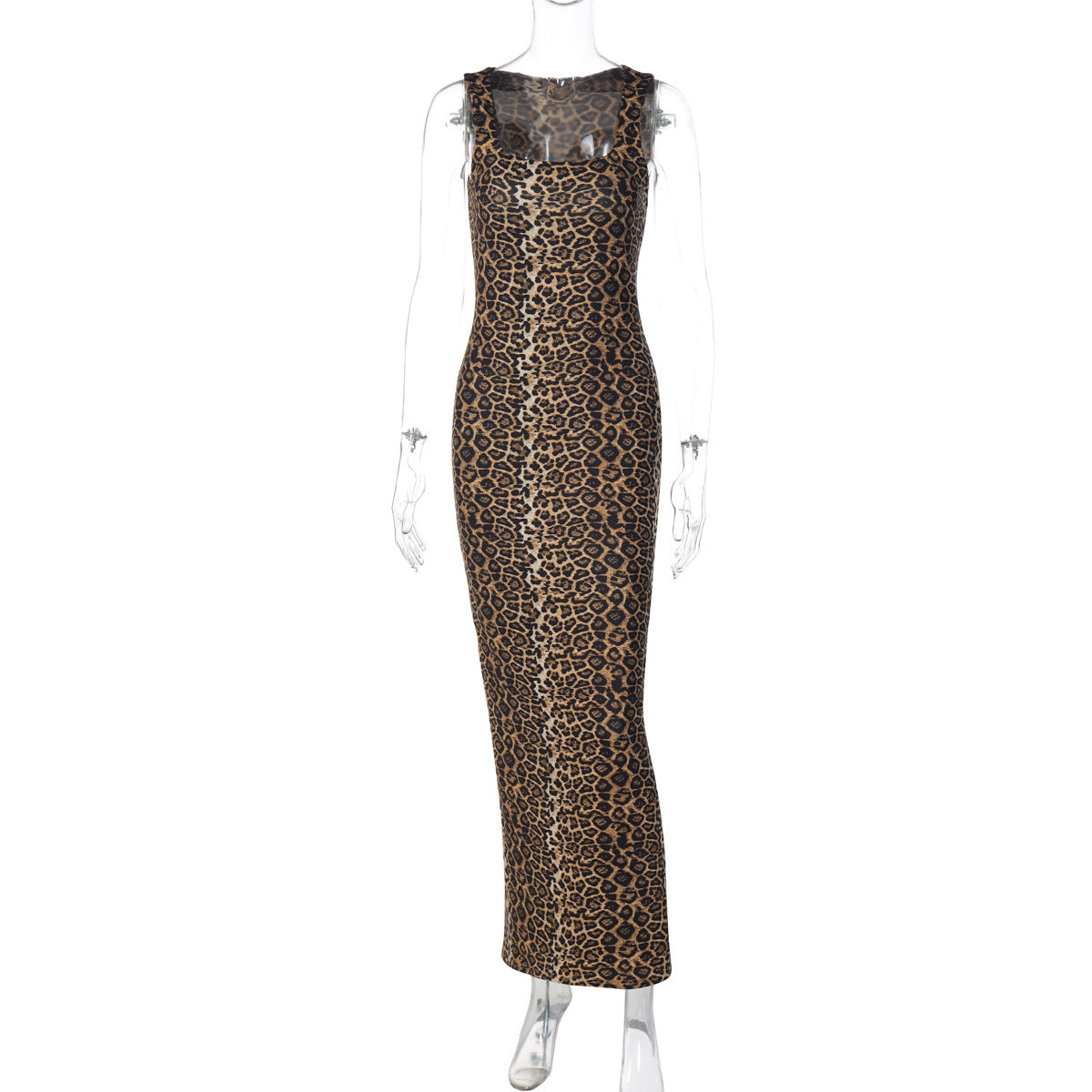 Leopard print dress on a mannequin against a white background