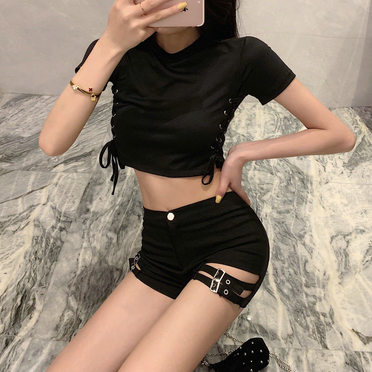 High-Waist Double Buckle Stretch Tight Shorts For Girl's JC