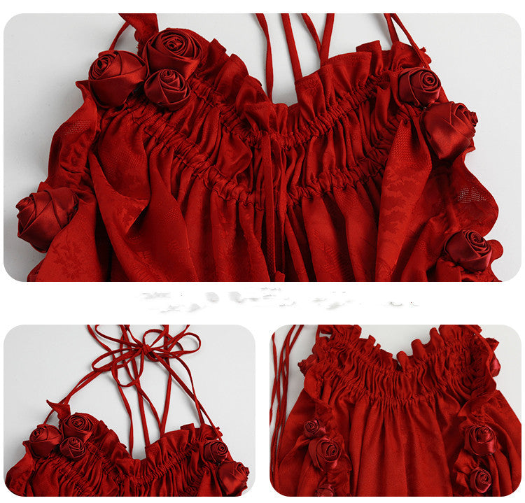 Red dress with floral details on a white background