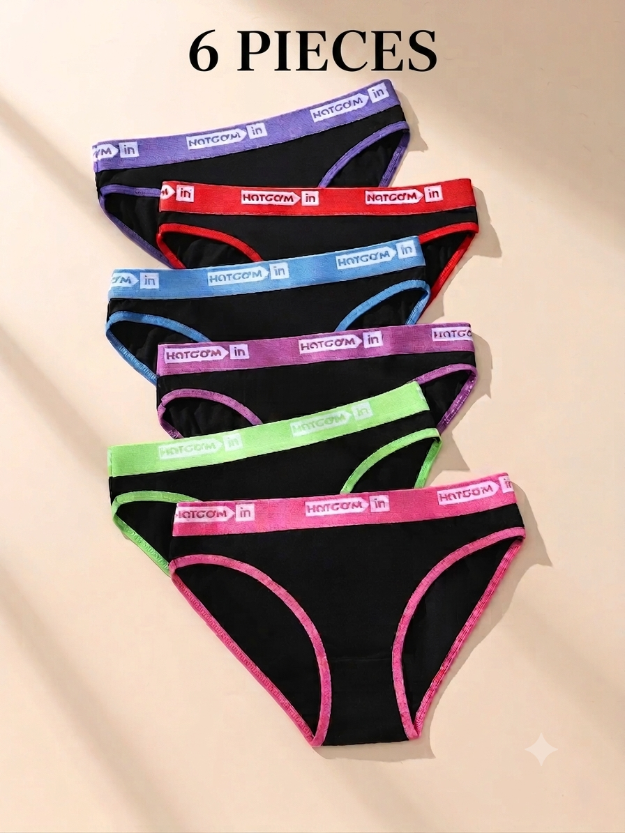Set of six black underwear pieces with colorful waistbands on a beige background