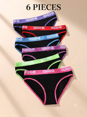 Set of six black underwear pieces with colorful waistbands on a beige background