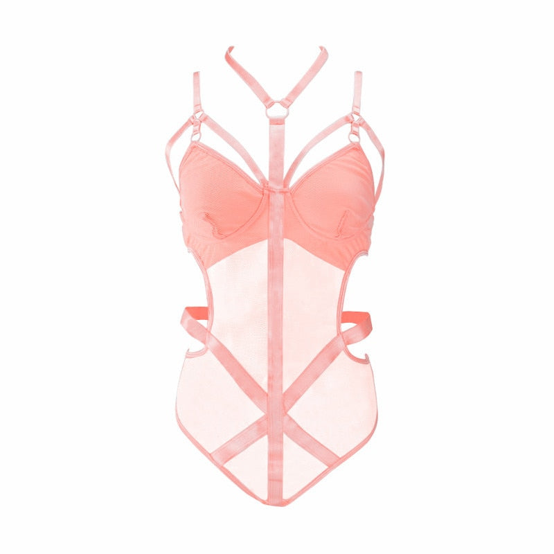 Hollow Out Strap Halter-Neck Mesh One-Piece Bodysuit