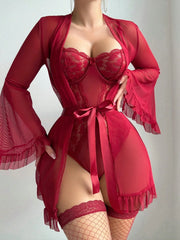 Sexy Lace Bodysuit with Nightgown – Flare Sleeve Valentine Lingerie