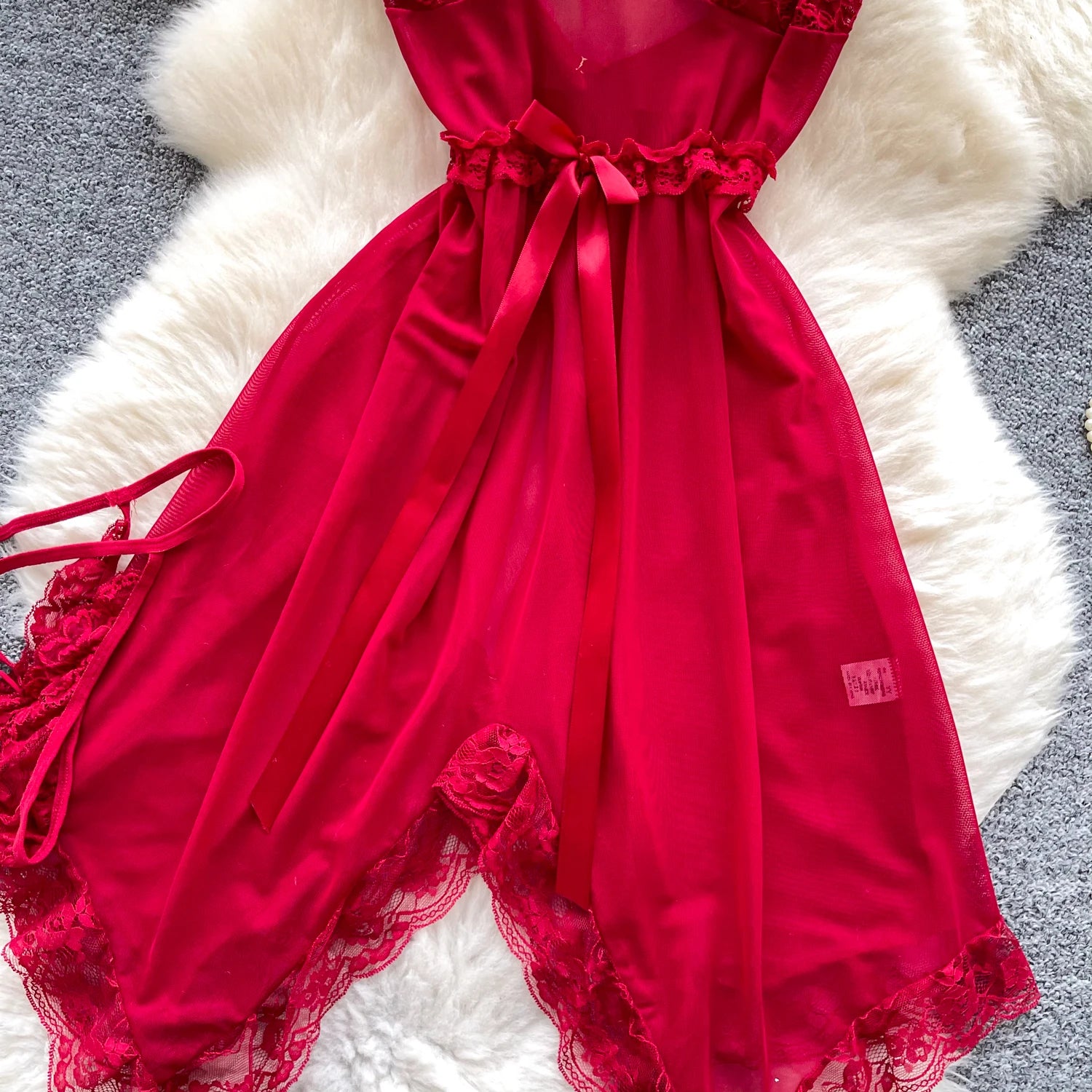 Irregular Mesh Lace Spliced Nightgown – Women’s Sheer Sleepwear Dress
