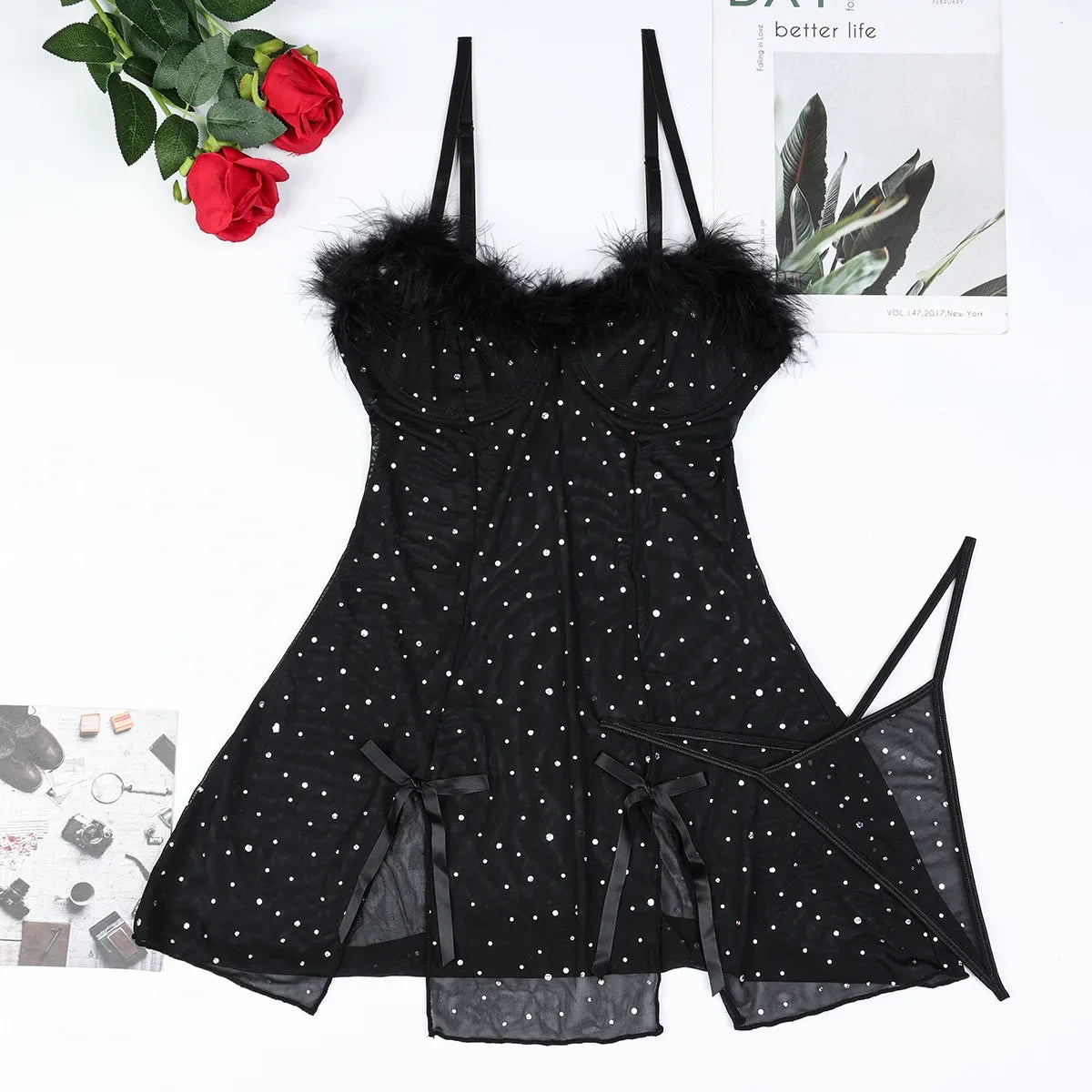 Sexy Crystal Feather Slit Mesh Dress for Women