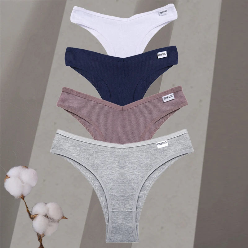 Four pairs of underwear in white, blue, pink, and gray on a neutral background with cotton branches.