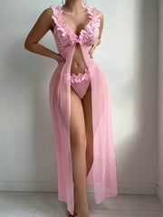 FloralLove Sexy Lace Night Dress – Deep V-Neck, Sheer Elegance