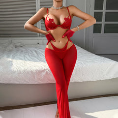 Red Four-Piece Plunge Underwire Lingerie Set